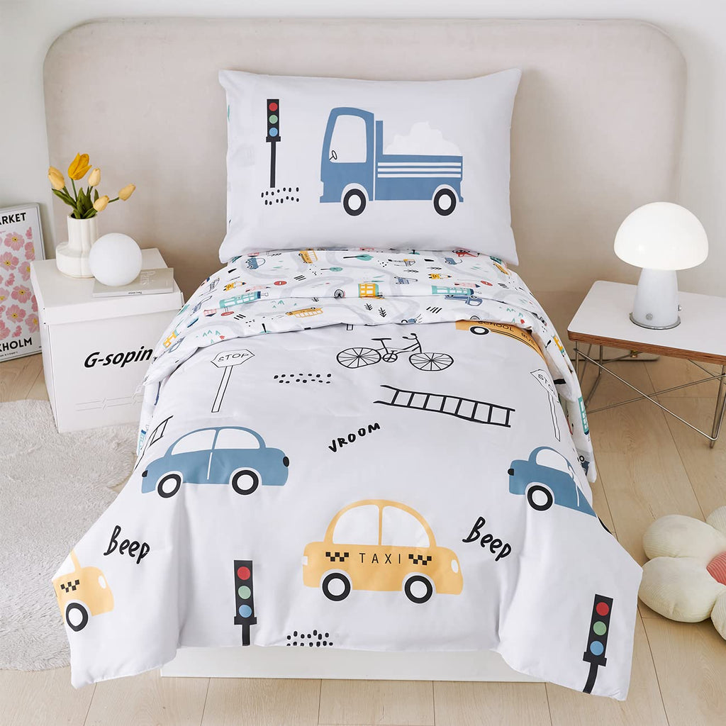 4 Pcs Toddler Bedding Set Cartoon Cars Printed Toddler Bed in A Bag Soft Reversible set