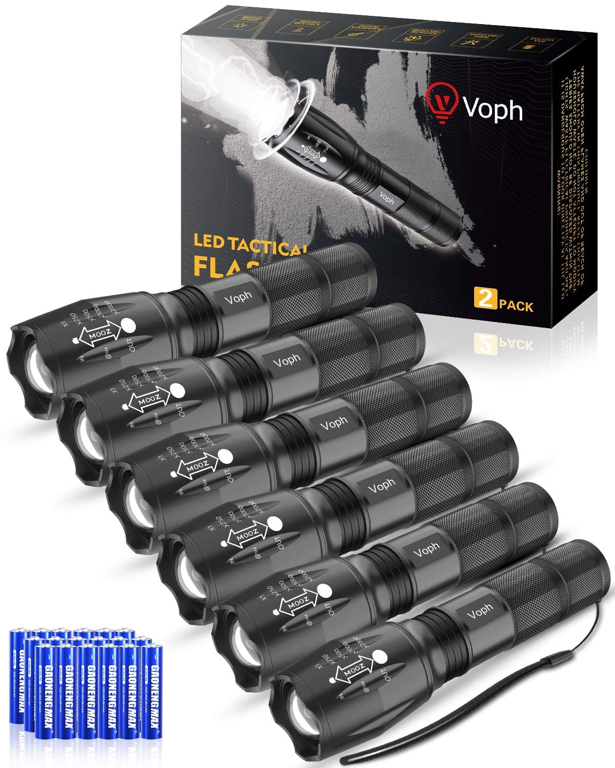 Voph Flashlight 6 Pack 5 Modes 2000 Lumen Tactical LED Flash Light High Lumens