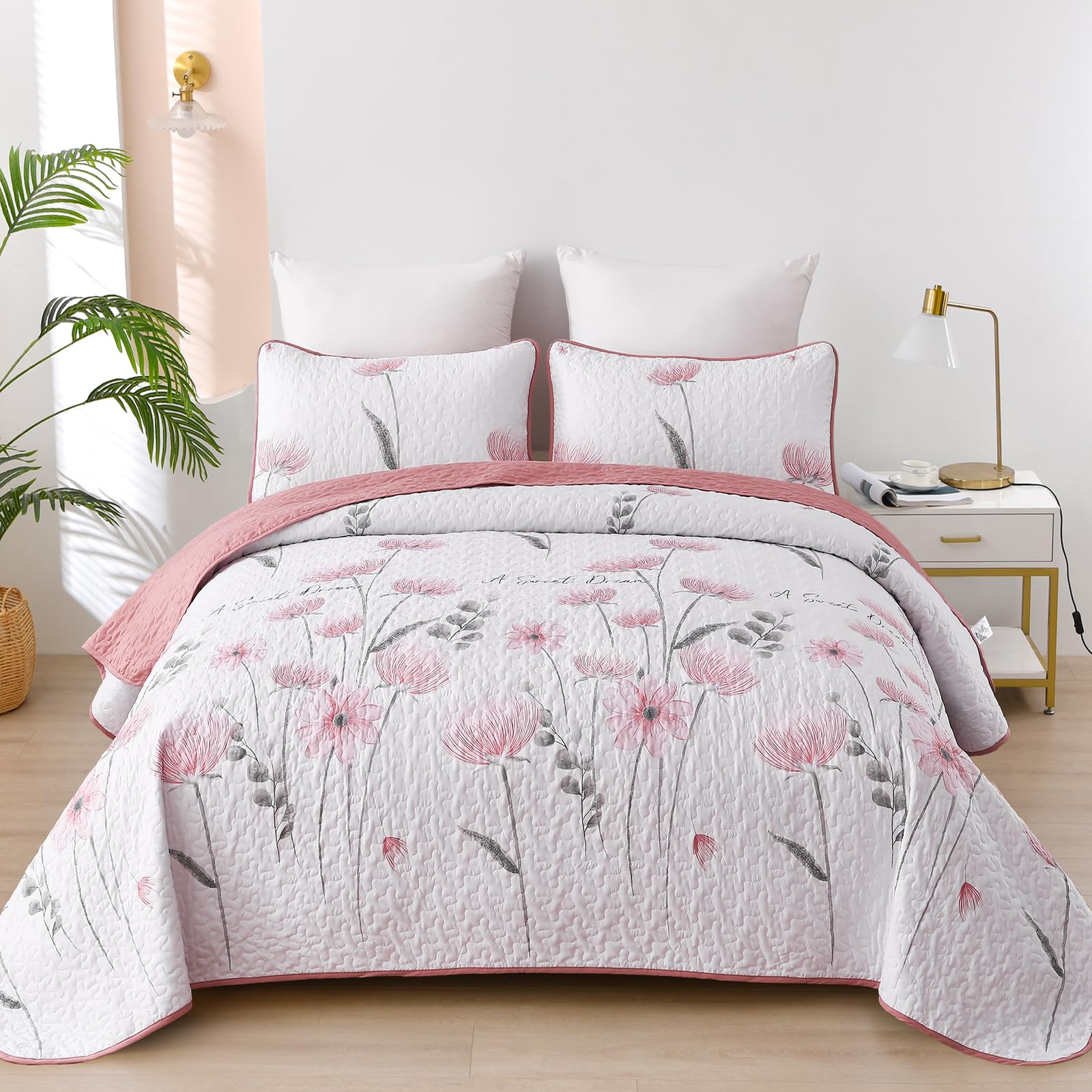 King Size Quilt Set Floral3 Piece Pink/Blush Farmhouse Bedding Set