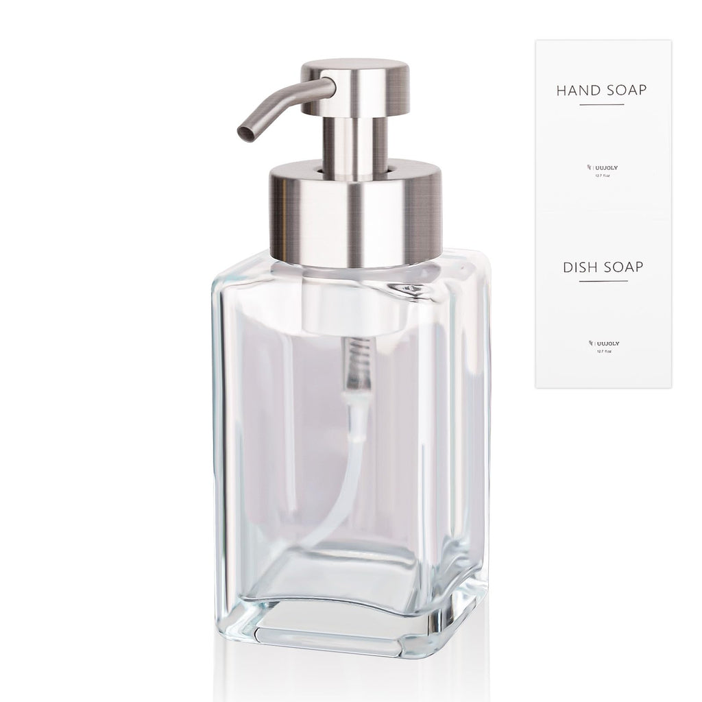 Foaming Soap Dispenser with Stainless Steel Pump 12oz Refillable Glass Liquid Dish Soap Bottle