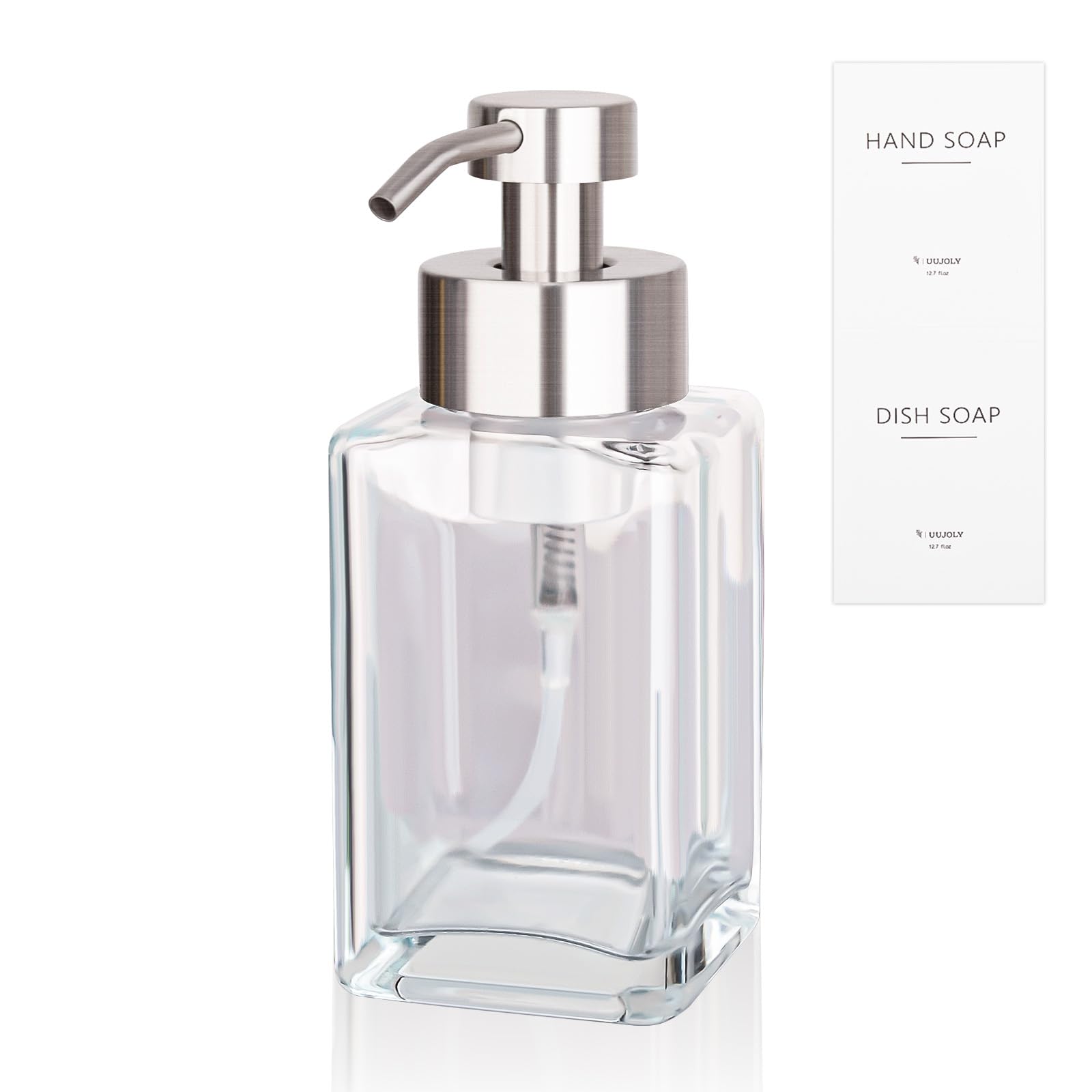 Foaming Soap Dispenser with Stainless Steel Pump 12oz Refillable Glass Liquid Dish Soap Bottle