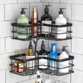 Yazoni Corner Shower Caddy Adhesive Shower Shelves No Drilling [2-Pack] Rustproof Stainless Steel Bathroom Shower Organizer Wall Mounted with 8 Hooks (Black)